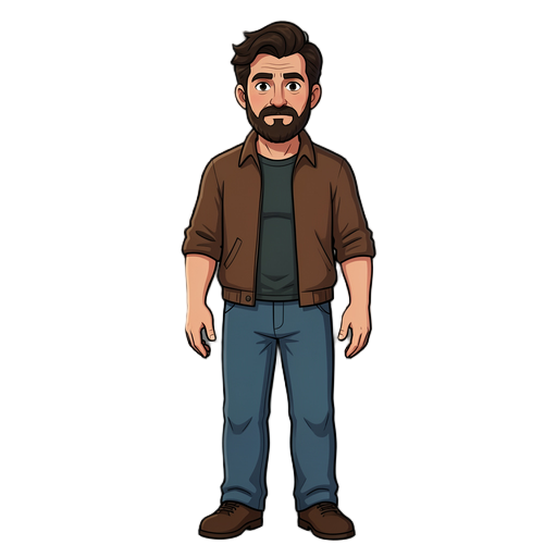 a 1980s dad in his 40s. dark brown swept hair and beard. wearing inside clothes. dark and realistic. full body idle sprite frame