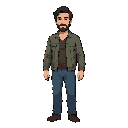 a 1980s dad in his 40s. dark brown swept hair and beard. wearing inside clothes. dark and realistic. full body idle sprite frame
