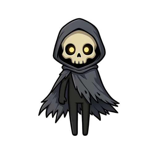 remove only the scythe. keep the character exactly the same as the reference. same proportions, same long legs, same hood, same skull, same cloak, same front view. do not redesign. transparent background.