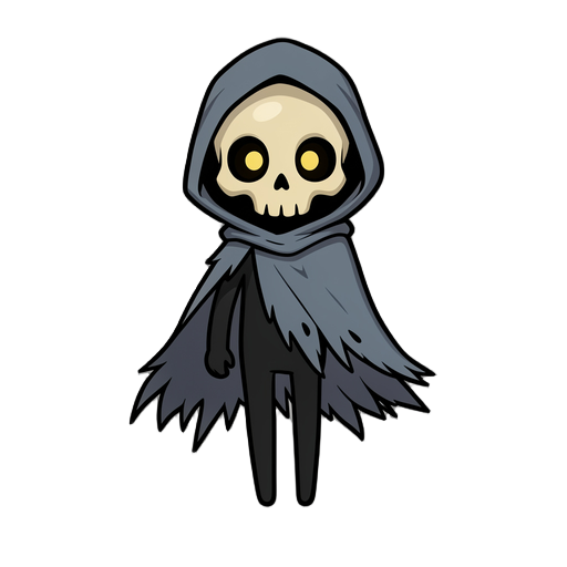 remove the scythe only. keep the same character, same proportions, long visible legs, same cloak and hood. cleanly redraw the missing left side. transparent background.