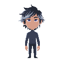 “a young male character standing in a misty forest at dawn. slim but athletic build. medium-length messy black hair with a few silver strands, slightly covering one eye. sharp, thoughtful eyes with a soft glow, color between deep blue and violet. light fr
