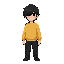 “a young male character standing in a misty forest at dawn. slim but athletic build. medium-length messy black hair, slightly covering one eye. sharp, thoughtful eyes with a soft glow, color black. light freckles under the eyes. wearing a yellow big sweat
