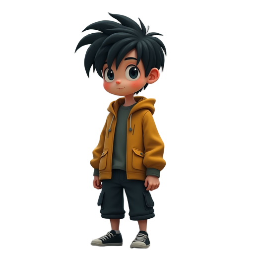 “a young male character standing in a misty forest at dawn. slim but athletic build. medium-length messy black hair, slightly covering one eye. sharp, thoughtful eyes with a soft glow, color black. light freckles under the eyes. wearing a yellow big jacke