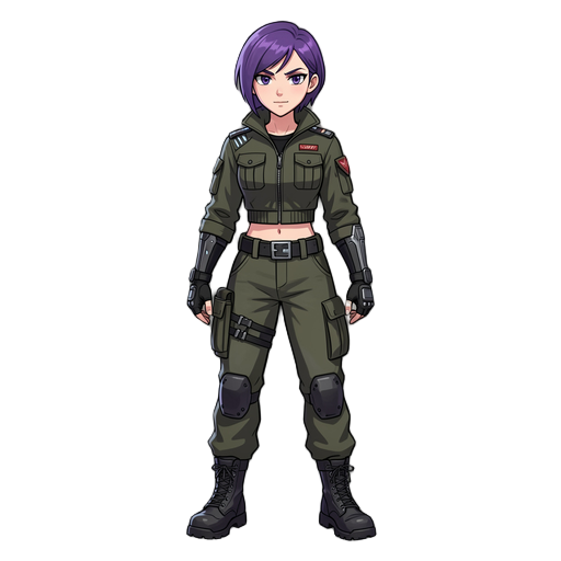 a teenage girl with short purple hair, sharp eyes, and a confident stance. she wears a military-style cropped jacket, tactical cargo pants, fingerless gloves, and heavy combat boots. her look mixes discipline and rebellion, with dark tones, subtle metalli