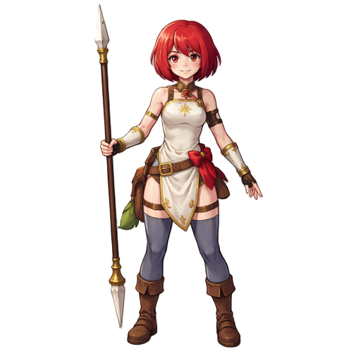 a girl with red hair wolfcut style, holding a lance in a battlefield
