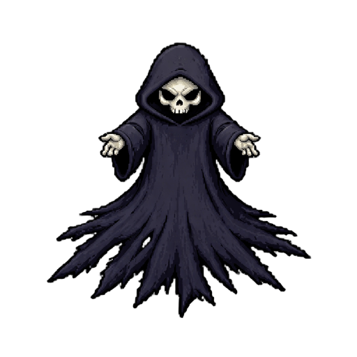 character design for a game, similar to king shot, but with a dark theme. the grim reaper, floating character, top-down perspective. cartoon art with stylized proportions. the main body is dark robes hovering, but a massive, shredded cloak section trails 