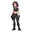 ithara, a young female mentor with a disciplined military look. purple medium-length hair, layered and slightly messy. sharp focused eyes. wearing a dark green military cropped top with tactical straps, and dark cargo pants with multiple pockets. fingerle