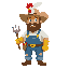 make a farmer whole body with a chicken feather on the head