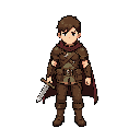 2d pixel, topdown view, front idle, a young adventurer with a dagger and a cape in leather armor, leather pants