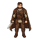 2d pixel, topdown view, front idle, an adventurer with a dagger and a cape in leather armor, leather pants, male,