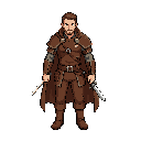 2d pixel, topdown view, front idle, a man adventurer with a dagger and a cape in leather armor, leather pants