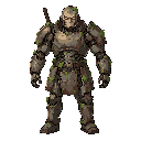 antigo guerreiro cyberpunk robótico inspirado em samurai, corpo mecânico antigo com placas metálicas desgastadas, partes enferrujadas com musgo e vegetação crescendo entre as juntas e armaduras, aparência de máquina muito antiga ainda funcional, olhos bri