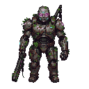 personagem cyberpunk robótico, antigo e desgastado, androide guerreiro com partes metálicas expostas, corpo parcialmente enferrujado com musgo e vegetação crescendo entre as placas de metal, aparência de máquina abandonada que voltou à atividade, olhos br