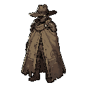 personagem solitário estilo viajante ou pistoleiro futurista, usando um chapéu largo inclinado que cobre parte do rosto, olhos brilhando em laranja, rosto parcialmente escondido por sombra ou máscara, vestindo uma grande capa/manto longo que envolve todo 