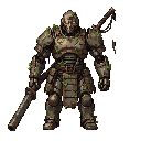 antigo guerreiro cyberpunk robótico inspirado em samurai, corpo mecânico antigo com placas metálicas desgastadas, partes enferrujadas com musgo e vegetação crescendo entre as juntas e armaduras, aparência de máquina muito antiga ainda funcional, olhos bri