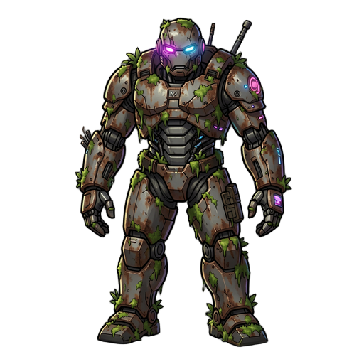 personagem cyberpunk robótico, antigo e desgastado, androide guerreiro com partes metálicas expostas, corpo parcialmente enferrujado com musgo e vegetação crescendo entre as placas de metal, aparência de máquina abandonada que voltou à atividade, olhos br