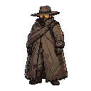 personagem solitário estilo viajante ou pistoleiro futurista, usando um chapéu largo inclinado que cobre parte do rosto, olhos brilhando em laranja, rosto parcialmente escondido por sombra ou máscara, vestindo uma grande capa/manto longo que envolve todo 