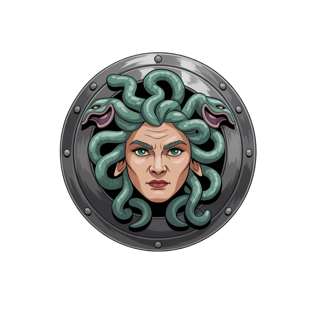 create a metal shield with the head of a medusa in its center.