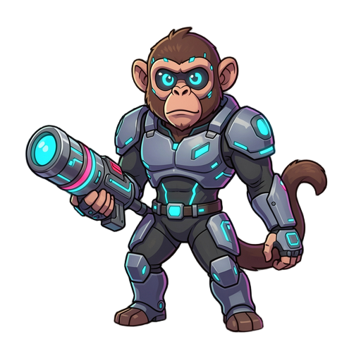  cybernetic monkey with futuristic armor and neon details, holding a large sci-fi energy cannon. side view (platformer), dynamic pose, smooth shading, game-ready sprite