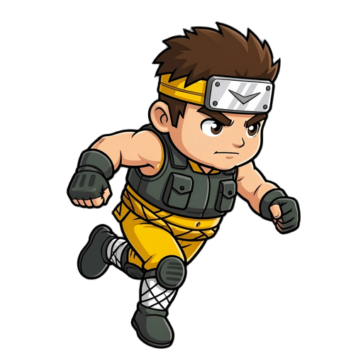 ninja cartonmoving towards the right. the character is angled slightly towards the camera, showcasing details like the tactical vest, yellow pants with wraps, and the protective gear on the forearms and legs. the low-angle shot highlights the dynamic pose