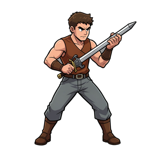 character in battle idle stance, ready to fight, holding weapon, focused expression, standing pose, balanced posture, dynamic tension, combat ready, full body view