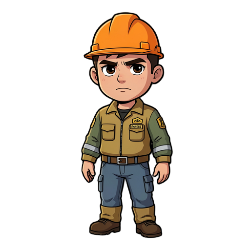 2d game sprite character design, kael umara, young adult male environmental technician, semi-chibi stylized action proportions 3.5 head heights, compact            readable body with recognizable human form, expressive medium-sized eyes with emotional wei