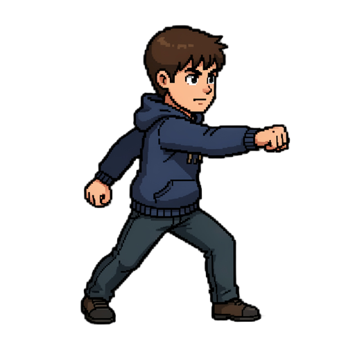  8-bit character design. a young man with short brown hair wearing a dark blue hoodie and dark pants. he is in a dynamic action pose, throwing a powerful forward punch he is in a side view just like the reference image