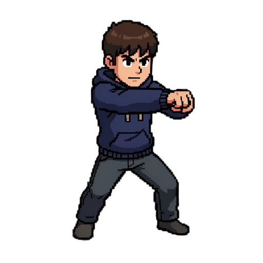  8-bit character design. a young man with short brown hair wearing a dark blue hoodie and dark pants. he is in a dynamic action pose, throwing a powerful forward punch