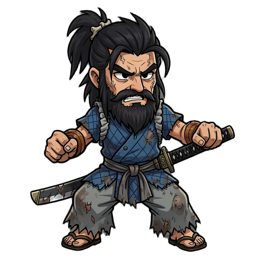 2d cartoon fighting game sprite, weathered bearded japanese ronin, dynamic combat stance, solid black background. full untamed black beard, messy topknot with bone pin, blue quilted kimono, tattered grey pants, detailed katana on hip, rugged battle-worn s
