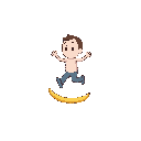 a clean, stylized flat illustration of a small human character mid-step, slipping on a banana peel. the character is frozen in the exact split-second before falling — eyes wide open, one leg lifted in the air, arms slightly unbalanced. a simple banana pee
