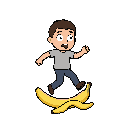 a clean, stylized flat illustration of a small human character mid-step, slipping on a banana peel. the character is frozen in the exact split-second before falling — eyes wide open, one leg lifted in the air, arms slightly unbalanced. a simple banana pee