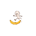 a clean, stylized flat illustration of a small human character mid-step, slipping on a banana peel. the character is frozen in the exact split-second before falling — eyes wide open, one leg lifted in the air, arms slightly unbalanced. a simple banana pee