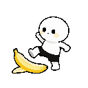 a clean, stylized flat illustration of a small human character mid-step, slipping on a banana peel. the character is frozen in the exact split-second before falling — eyes wide open, one leg lifted in the air, arms slightly unbalanced. a simple banana pee