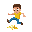 a clean, stylized flat illustration of a small human character mid-step, slipping on a banana peel. the character is frozen in the exact split-second before falling — eyes wide open, one leg lifted in the air, arms slightly unbalanced. a simple banana pee