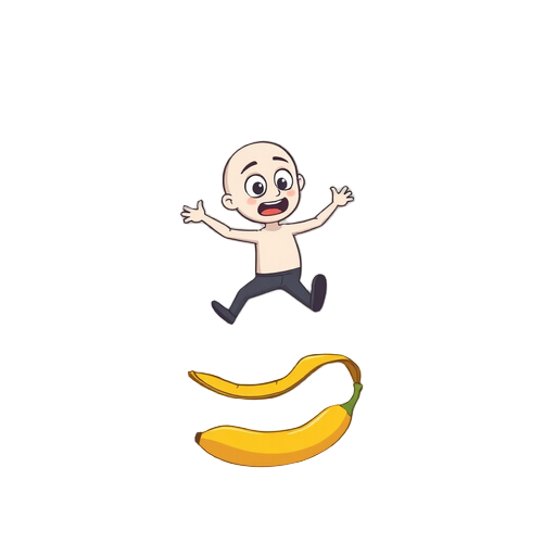 a clean, stylized flat illustration of a small human character mid-step, slipping on a banana peel. the character is frozen in the exact split-second before falling — eyes wide open, one leg lifted in the air, arms slightly unbalanced. a simple banana pee