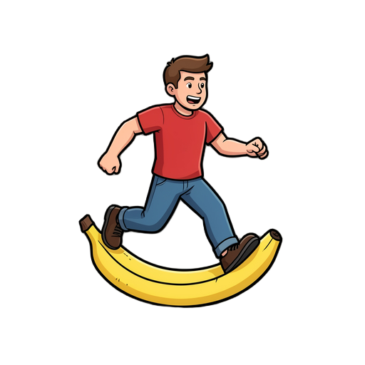 human character mid-step, slipping on a banana peel. 