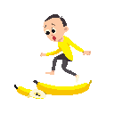 a clean, stylized flat illustration of a small human character mid-step, slipping on a banana peel. the character is frozen in the exact split-second before falling — eyes wide open, one leg lifted in the air, arms slightly unbalanced. a simple banana pee