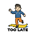 a clean, stylized flat illustration of a small human character mid-step, slipping on a banana peel. the character is frozen in the exact split-second before falling — eyes wide open, one leg lifted in the air, arms slightly unbalanced. a simple banana pee