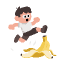 a clean, stylized flat illustration of a small human character mid-step, slipping on a banana peel. the character is frozen in the exact split-second before falling — eyes wide open, one leg lifted in the air, arms slightly unbalanced. a simple banana pee