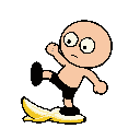 a clean, stylized flat illustration of a small human character mid-step, slipping on a banana peel. the character is frozen in the exact split-second before falling — eyes wide open, one leg lifted in the air, arms slightly unbalanced. a simple banana pee