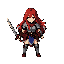 snes style pixel character of a female warrior with long red hair wielding a sword