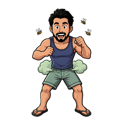 2d fighting game sprite. tank top shorts and flip flops, playful expression,  releasing a small puff of flatulence from butt (depicted as a tiny, greenish cloud), accompanied by 3 or 4 very small cartoon flies buzzing around him.  full body, ready-to-figh