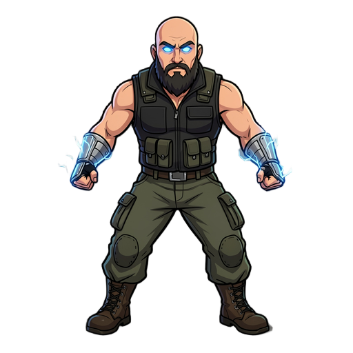 2d fighting game sprite. bald man, full dark beard, glowing blue eyes. black sleeveless tactical vest, cargo pants, combat boots. metal bracers emitting blue lightning. full body, ready-to-fight stance, cel-shaded.