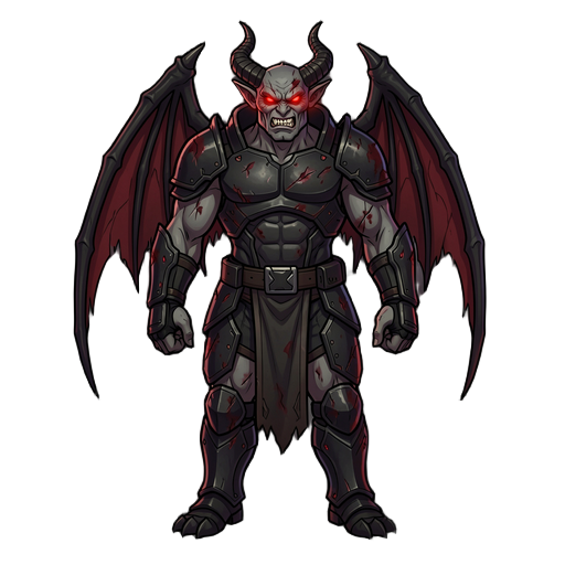 demon warrior, medium size, humanoid demon, dark fantasy, sci-fi dark fantasy, muscular demon soldier, armored demon, glowing red eyes, red eye glow, dark skin, ashen gray skin, black demonic armor, sci-fi armor plating, sharp horns, demonic wings folded,