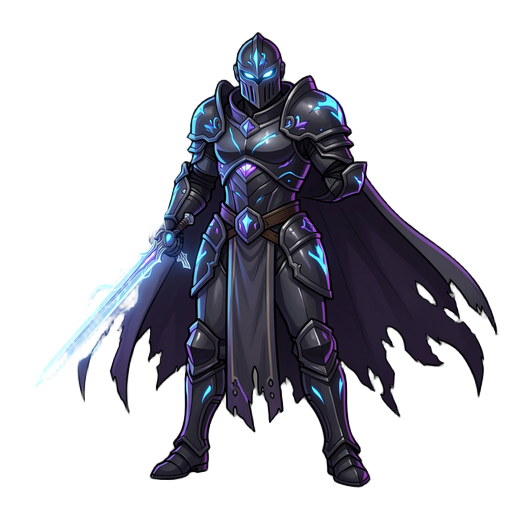 cavaleiro medieval estilizado com armadura escura detalhada e detalhes brilhantes (azul ou roxo), capacete fechado com olhos brilhando. segura uma espada longa com energia mágica. usa capa rasgada ao vento. pose de combate. estilo semi-realista, iluminaçã