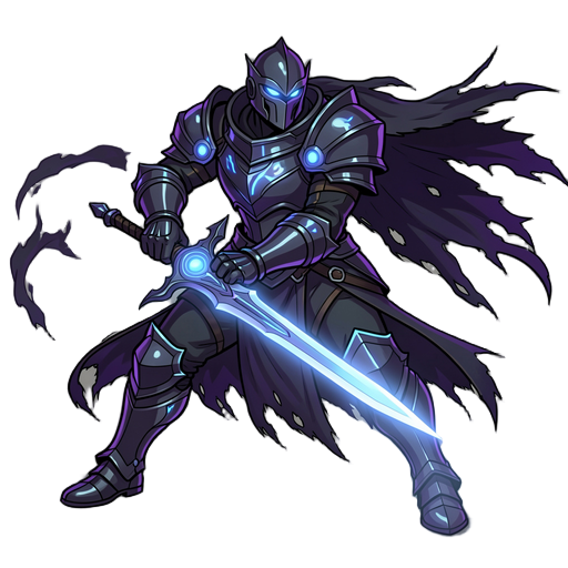 cavaleiro medieval estilizado com armadura escura detalhada e detalhes brilhantes (azul ou roxo), capacete fechado com olhos brilhando. segura uma espada longa com energia mágica. usa capa rasgada ao vento. pose de combate. estilo semi-realista, iluminaçã