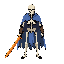 skeletal warrior wearing a blue tattered cape, holding an orange sword