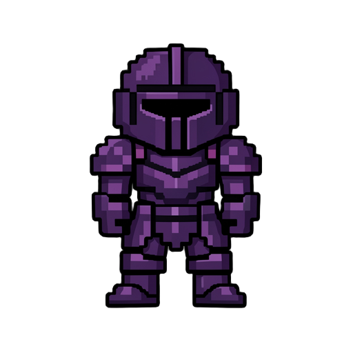 small, front-facing pixel-art knight wearing full dark purple armor. the armor is compact and slightly bulky, with clear segments for the helmet, shoulders, chest, arms, and legs. the helmet is rounded with a narrow horizontal visor, giving a mysterious l