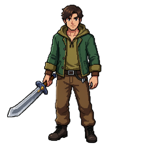 короче сделайте пиксельное изображение или rpg игр на основе этого персонажа короче начнём с анимации анимация покое idledown, idleup, idleleft, idleright, анимация идти walkdown, walkup, walkright, walkleft. дальше у него будет меч анимация атаки attacku