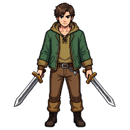 короче сделайте пиксельное изображение или rpg игр на основе этого персонажа короче начнём с анимации анимация покое idledown, idleup, idleleft, idleright, анимация идти walkdown, walkup, walkright, walkleft. дальше у него будет меч анимация атаки attacku
